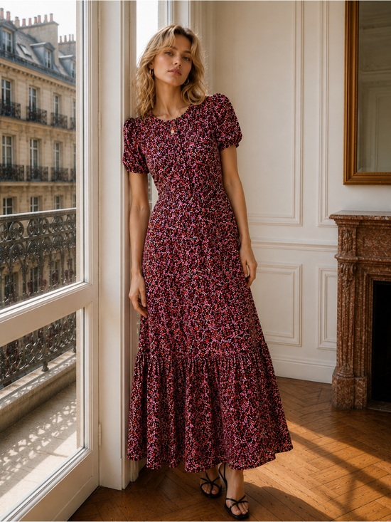 Old Navy Dresses & Skirts - Old Navy Burgundy and Pink Floral Puff-Sleeve Maxi Dress Cottagecore Size Small